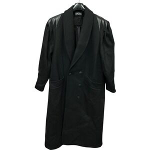 VTG Jofeld Coat Womens Plus‎ 16/18 Black Wool Leather Shoulder Long Overcoat 80s